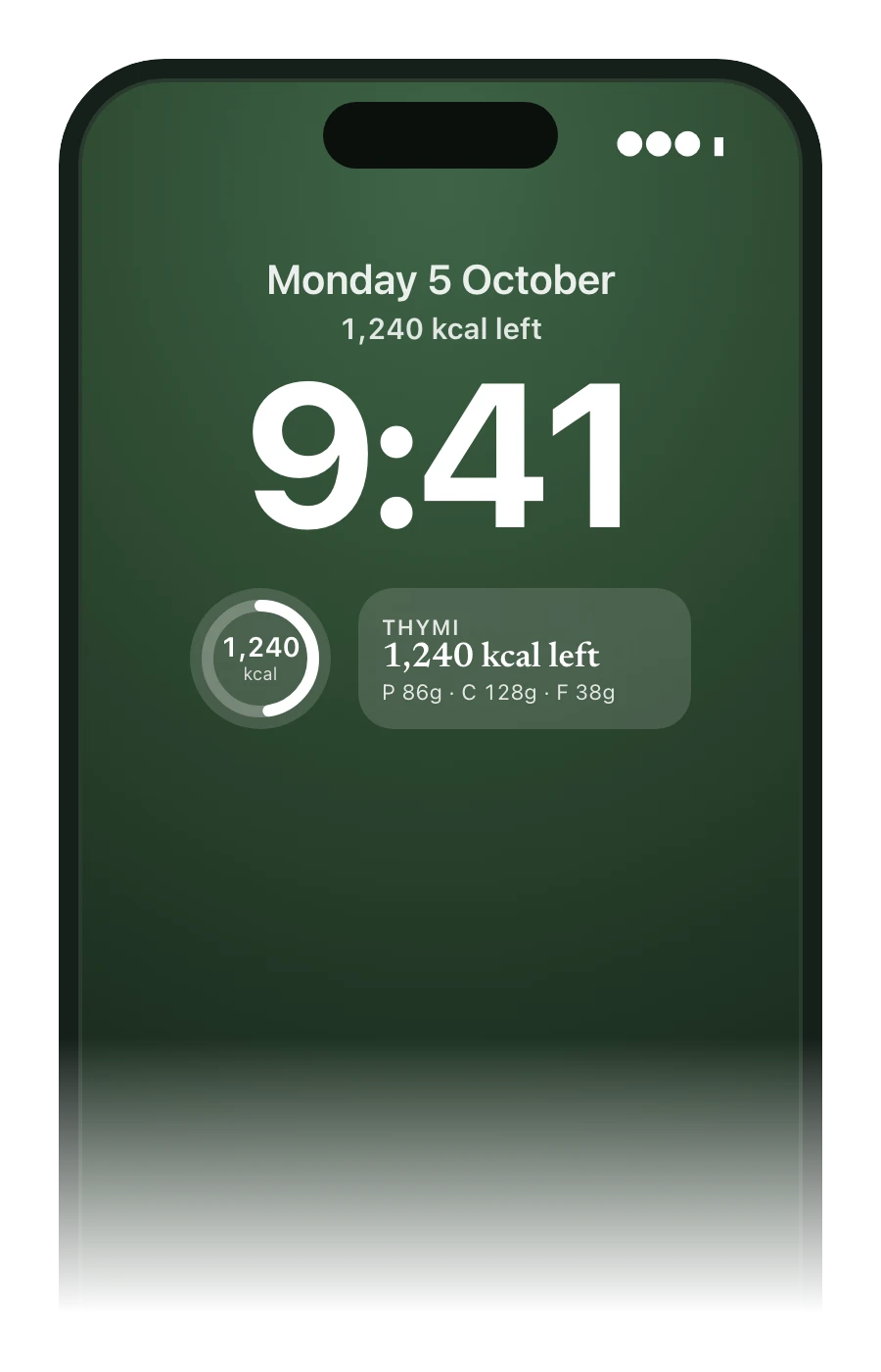 iPhone Lock Screen with Thymi widgets showing 1,240 kcal left as a ring and as text with protein, carbs and fat